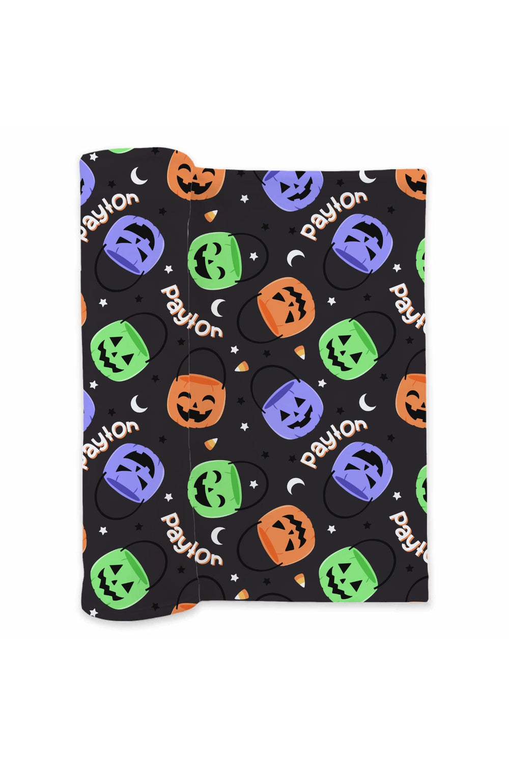 Rolled personalized Halloween swaddle blanket in black fabric with colorful jack-o-lantern print and repeating name text