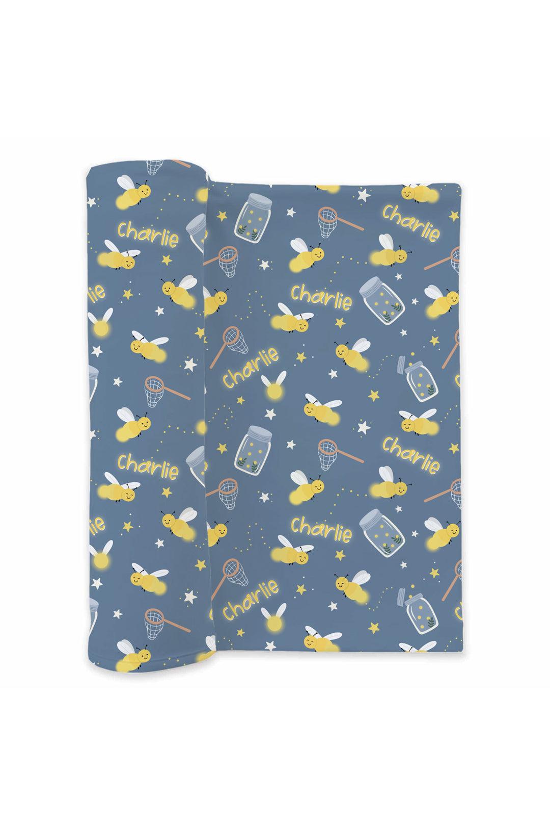 Product shot of a partially rolled Caden Lane blue personalized swaddle in a Chasing Fireflies print featuring fireflies and mason jars, repeating the name "Charlie."
