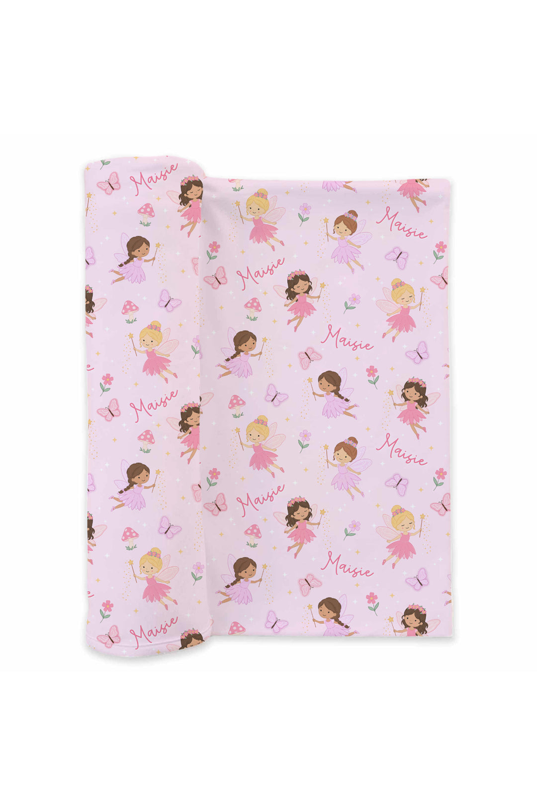 Fairy Wishes personalized swaddle blanket partially rolled, showing pink fairies, butterflies and a repeating custom name print