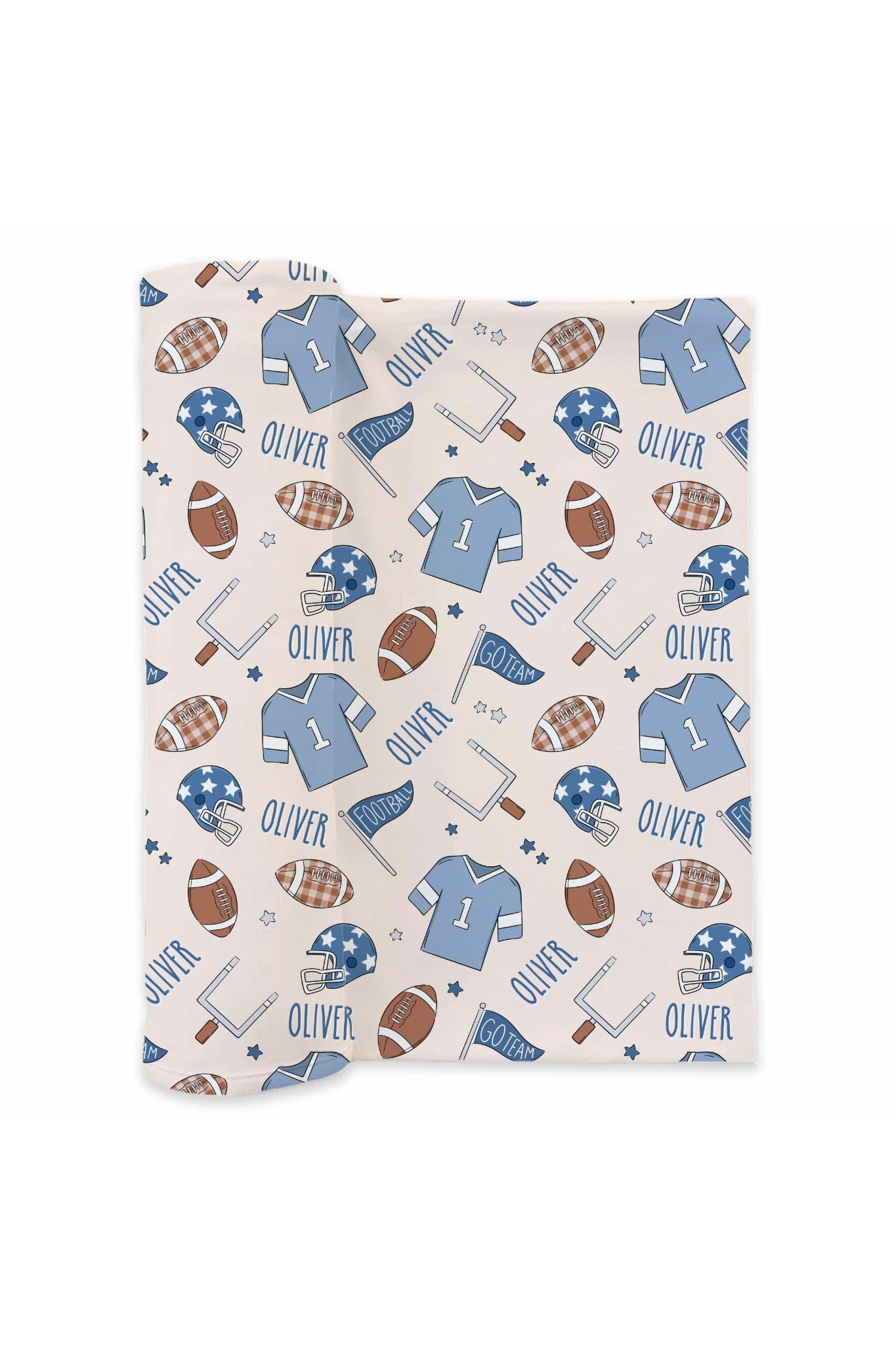 Caden Lane personalized swaddle blanket in blue football print, laid flat, showing jerseys, helmets, footballs, goal posts, and the custom name "Oliver" repeated throughout.