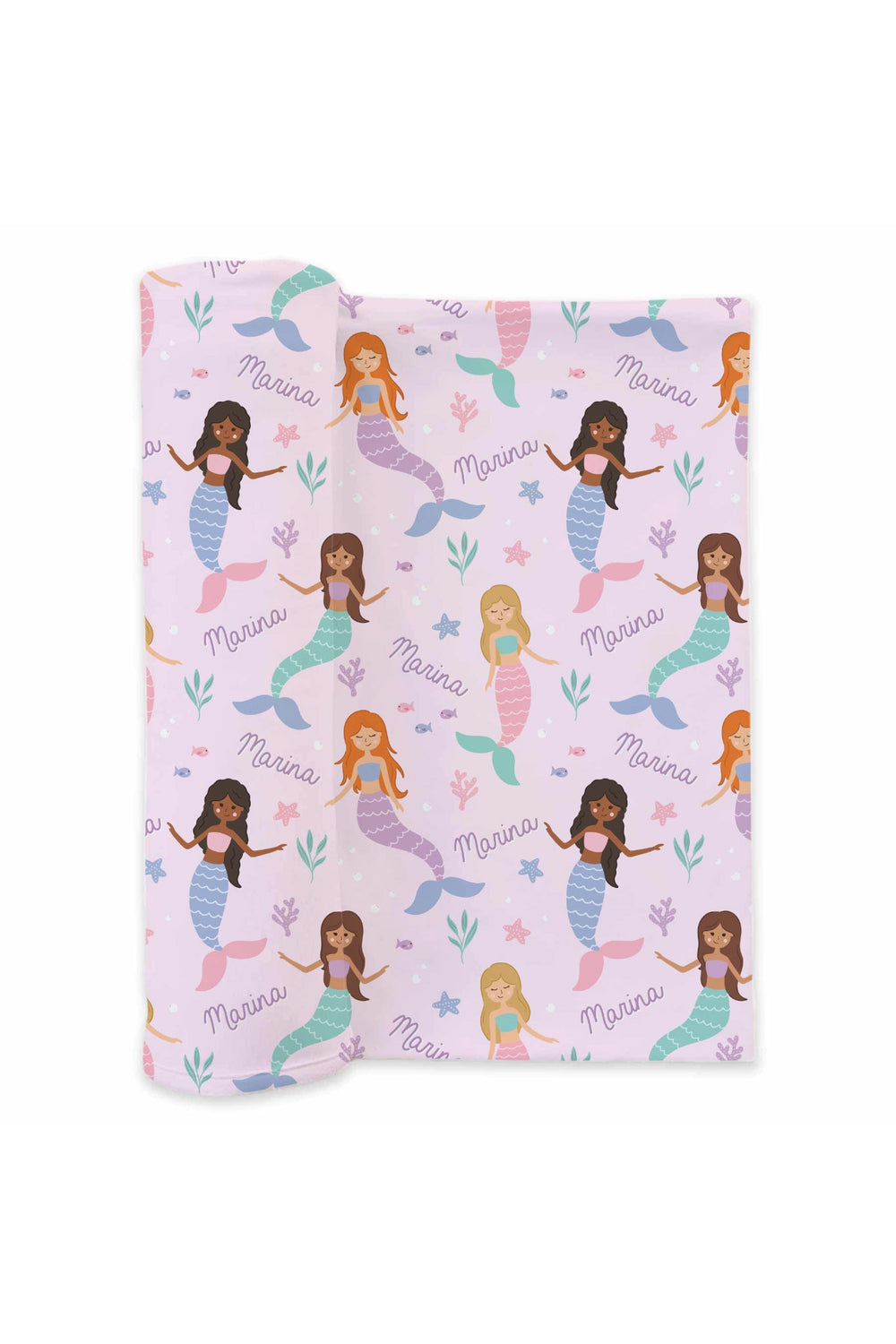 mermaids print personalized swaddle blanket, flat lay