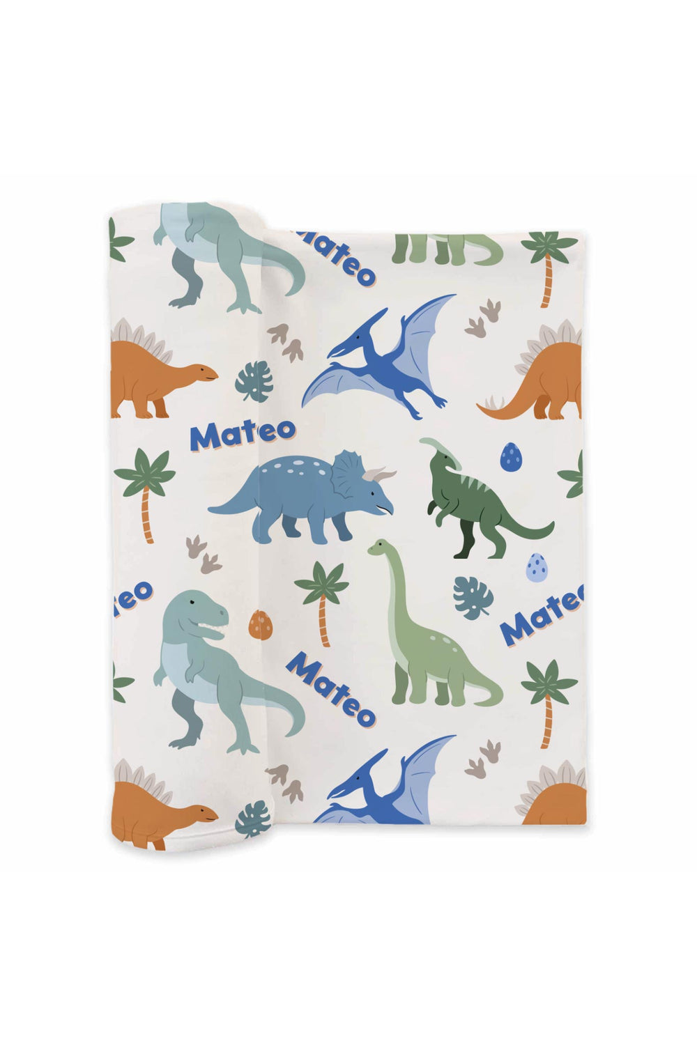 blue, orange and green dinosaur personalized swaddle
