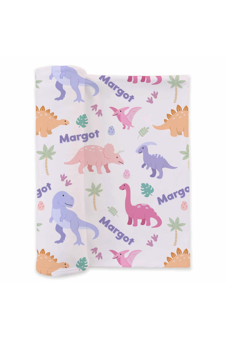 pink and purple dinosaur personalized swaddle