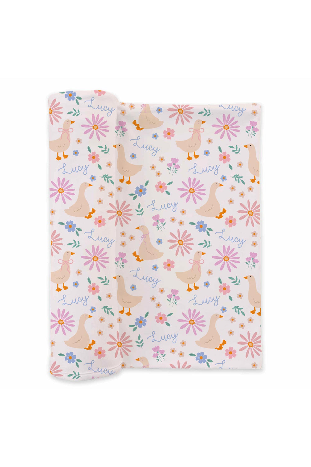 Personalized Swaddle Blanket in the Lucy Goosy duck and floral print laid flat, showing geese, flowers, and name Lucy printed throughout on a white background