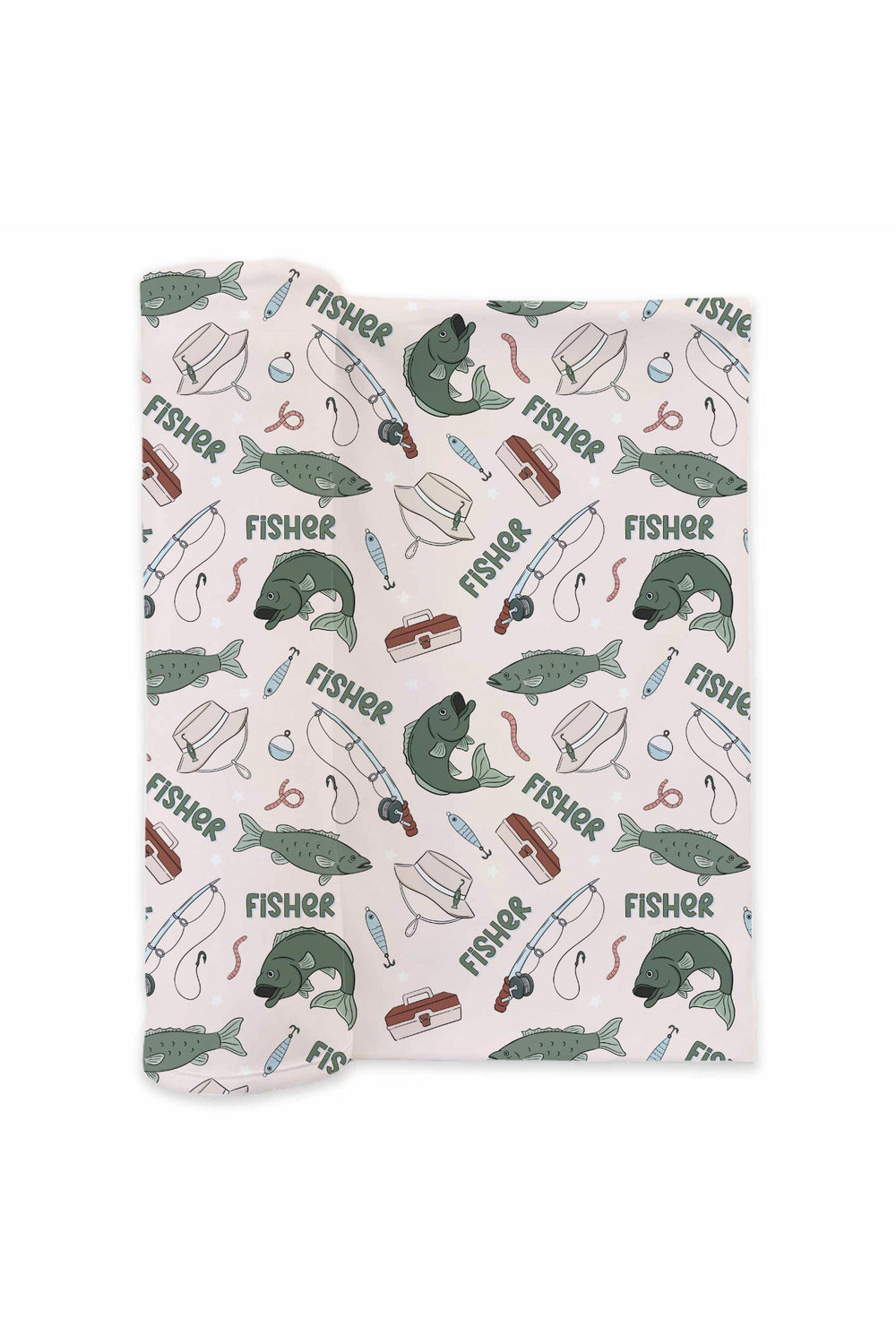 Personalized Off The Hook swaddle blanket flat lay showing fishing themed print with custom name repeat pattern