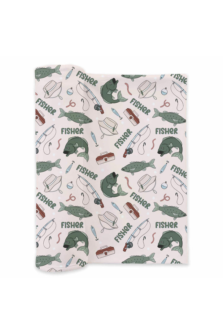 Personalized Off The Hook swaddle blanket flat lay showing fishing themed print with custom name repeat pattern