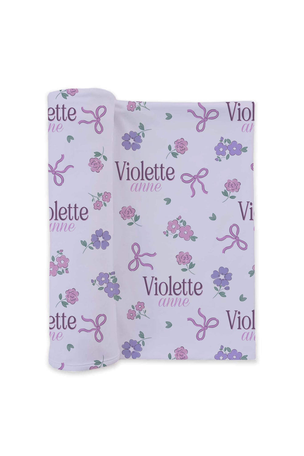 flower and bow personalized swaddle blanket for girls in purple 