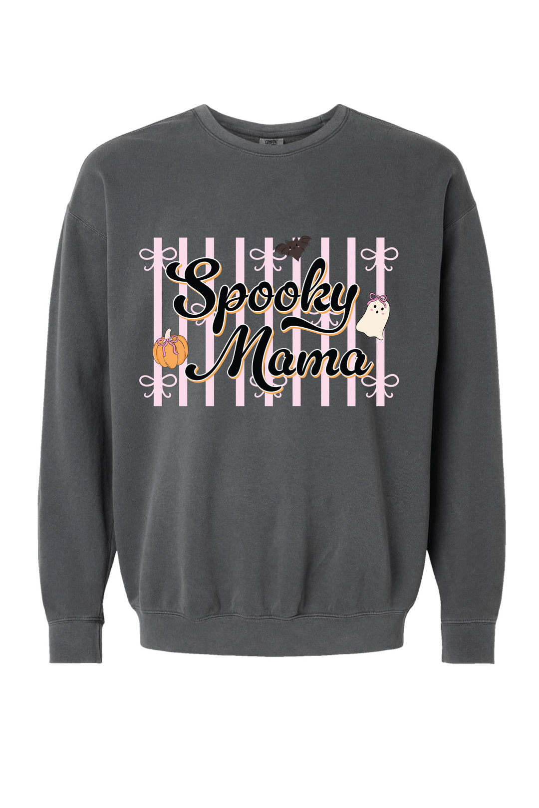 Charcoal gray Caden Lane crewneck sweatshirt with 'Spooky Mama' script text over a pink striped background, decorated with a cute bat, ghost, and pumpkin with bows.
