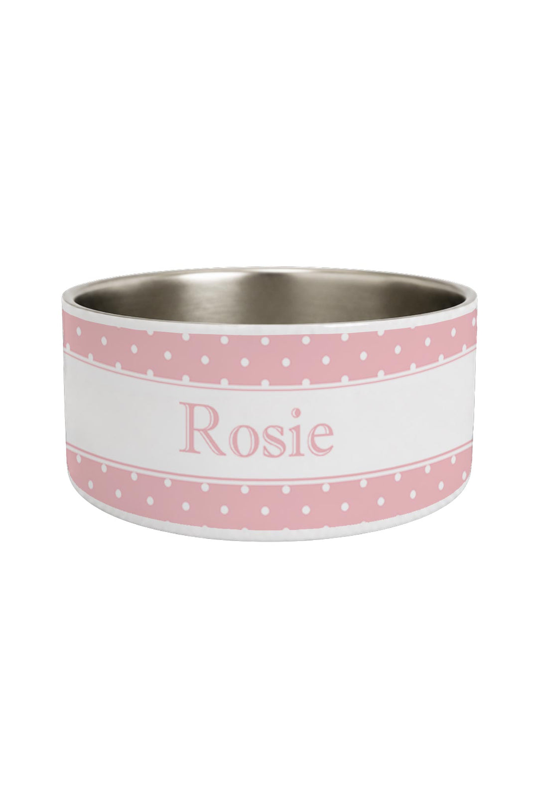 Stainless steel pet bowl with pink polka dot pattern band and white center stripe personalized with the name Rosie in pink lettering