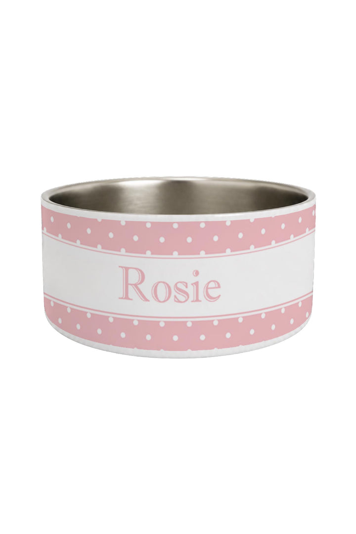Stainless steel pet bowl with pink polka dot pattern band and white center stripe personalized with the name Rosie in pink lettering