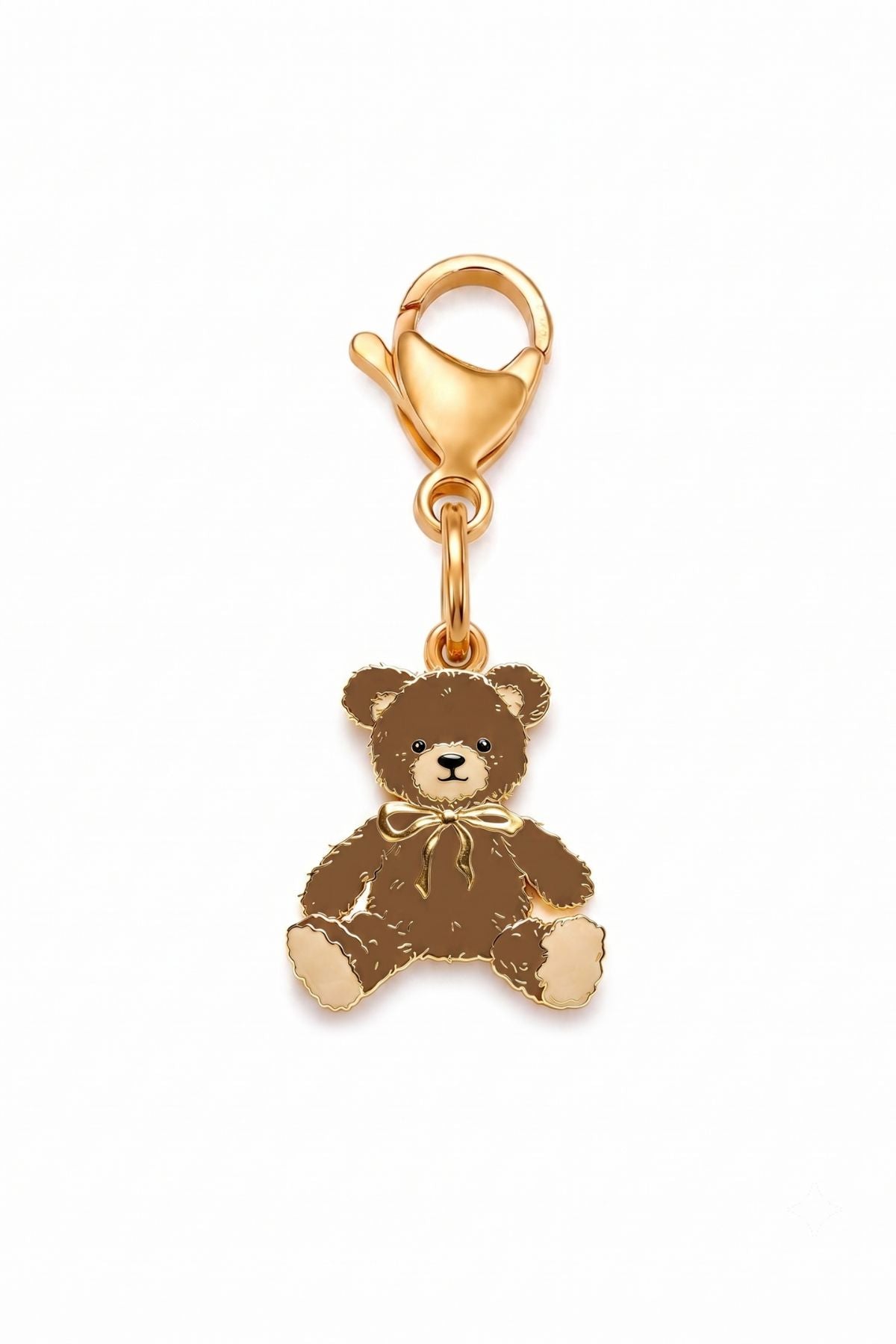 A Lane & Leash gold-plated charm shaped like a teddy bear, featuring brown enamel detailing and a small gold bow, set against a plain white background.
