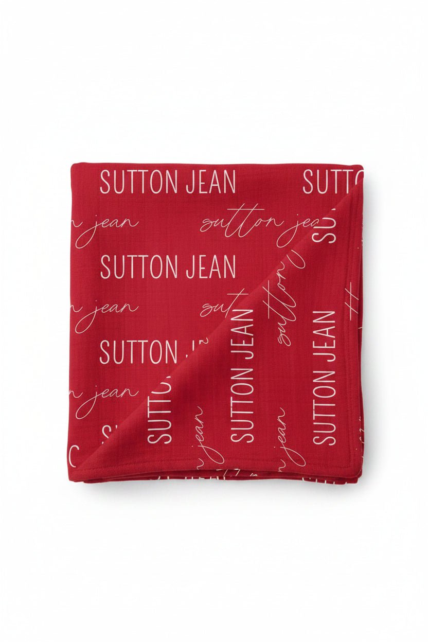 red and white personalized swaddle blanket