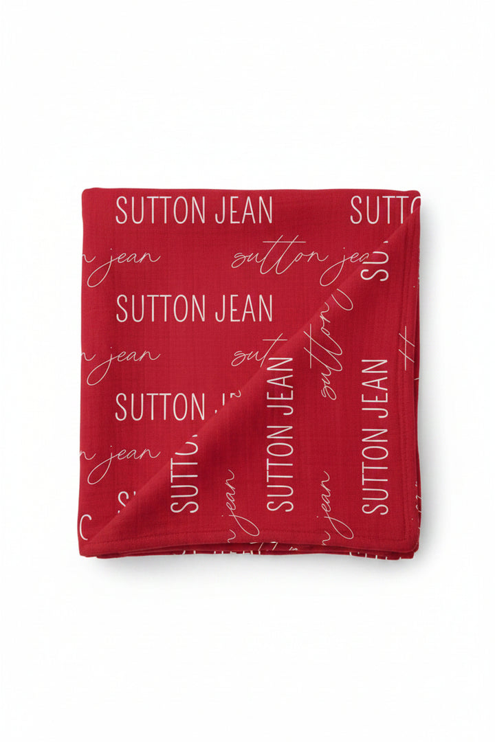 red and white personalized swaddle blanket