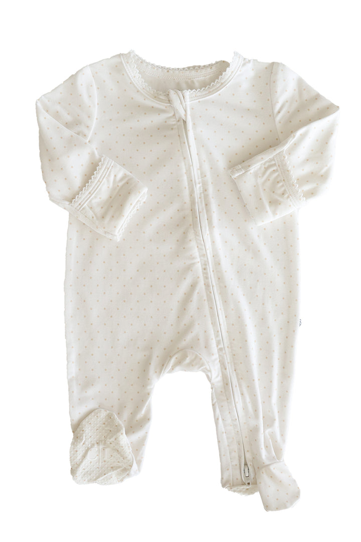taupe picot trim bamboo zipper footie flat lay