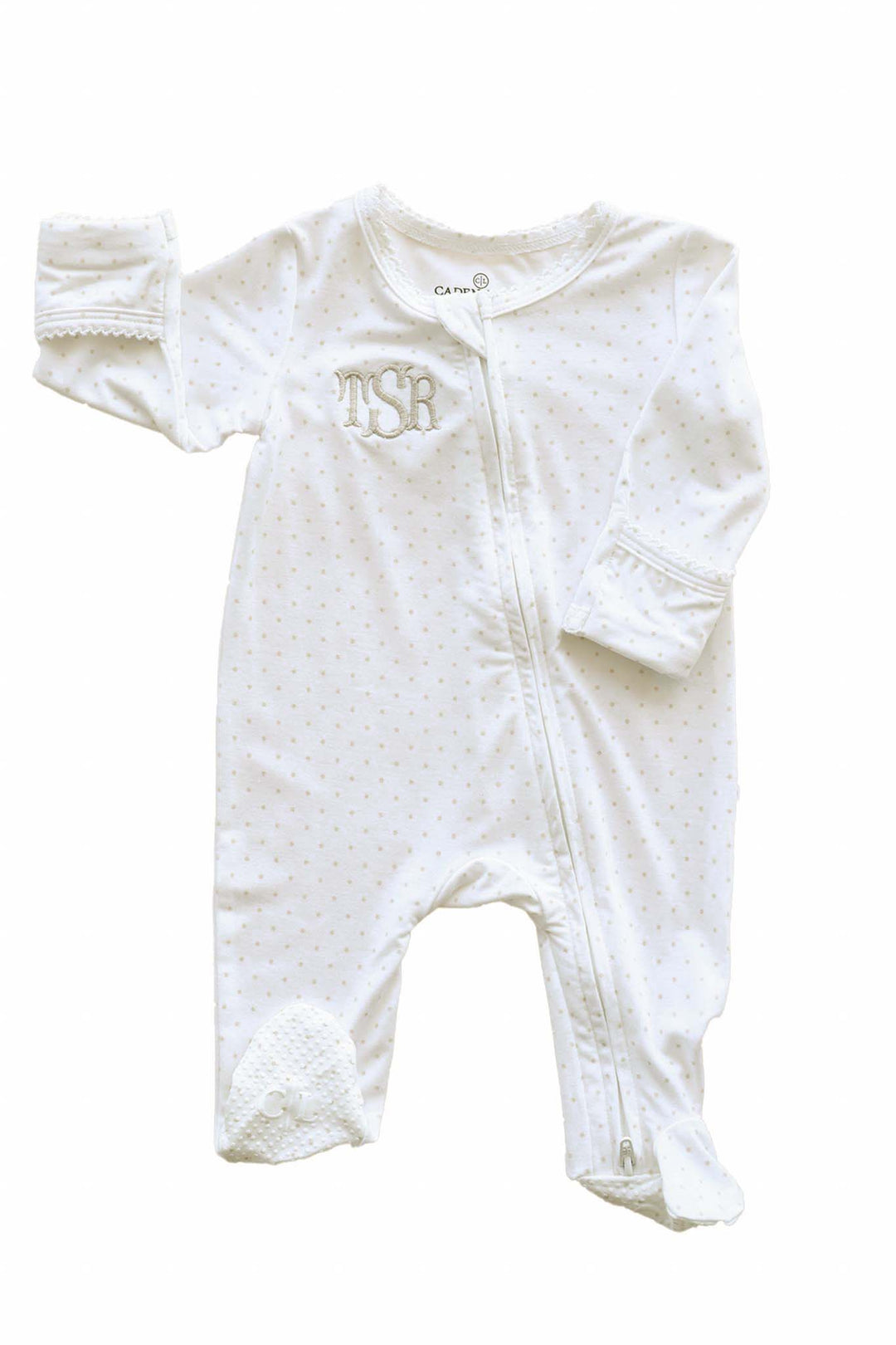 personalized taupe picot trim bamboo zipper footie with custom monogram for babies
