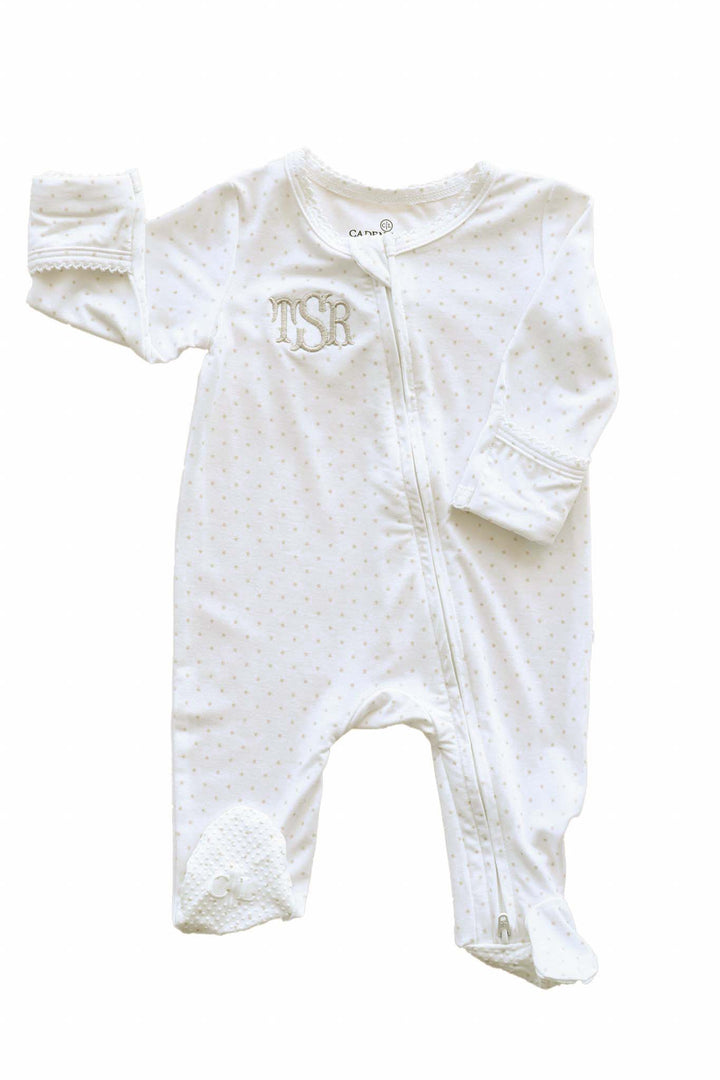 personalized taupe picot trim bamboo zipper footie with custom monogram for babies