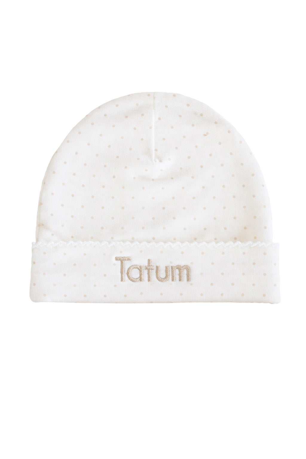 personalized taupe picot trim bamboo hat with custom monogram for babies