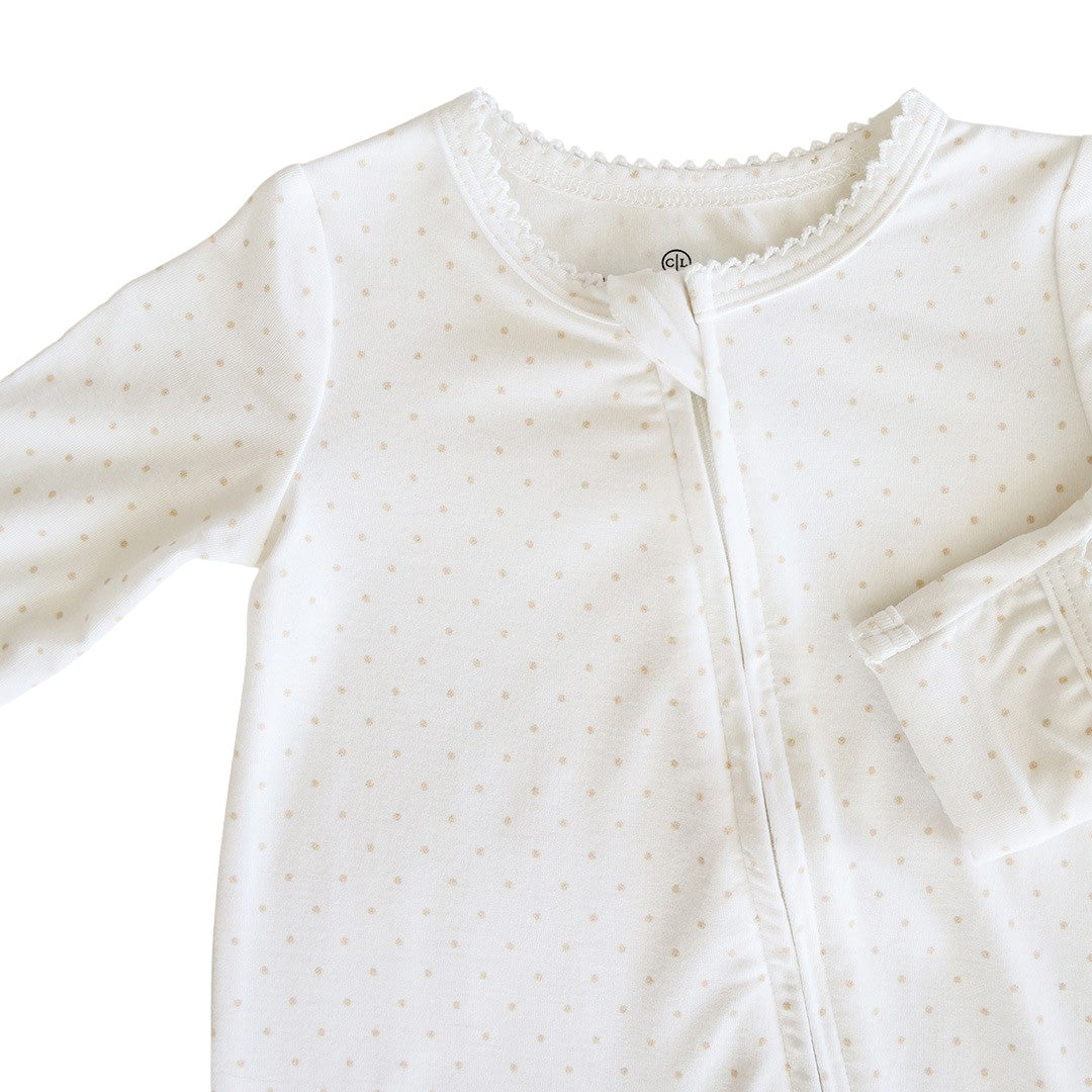 monogram detail on taupe picot trim bamboo footie