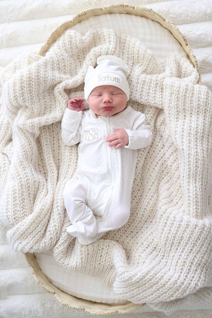 taupe picot trim bamboo footie on baby
