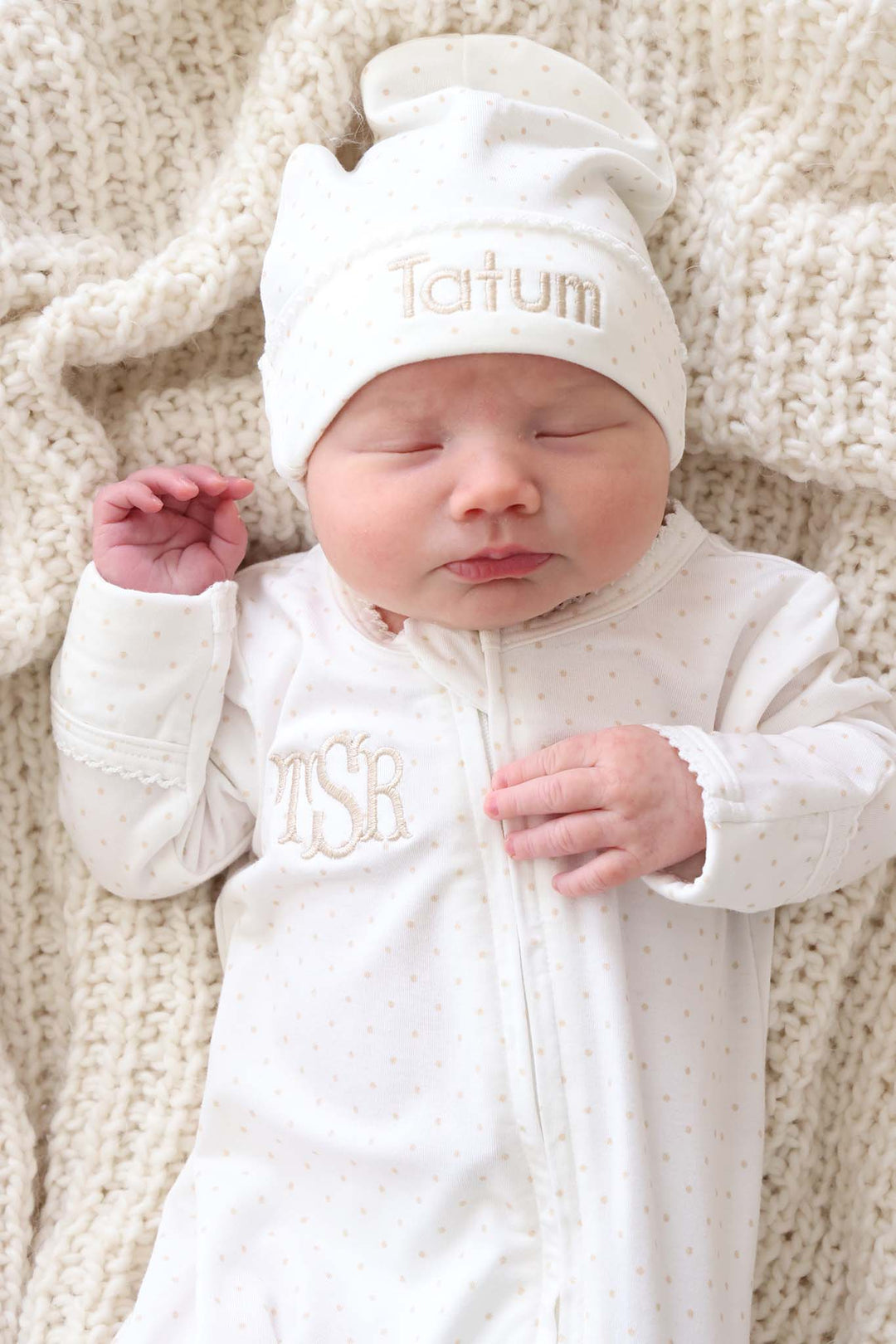 close-up of taupe picot trim bamboo footie for babies