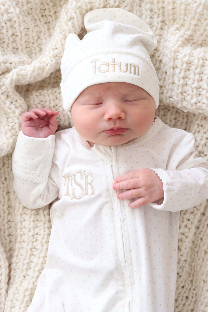 close-up of taupe picot trim bamboo footie for babies
