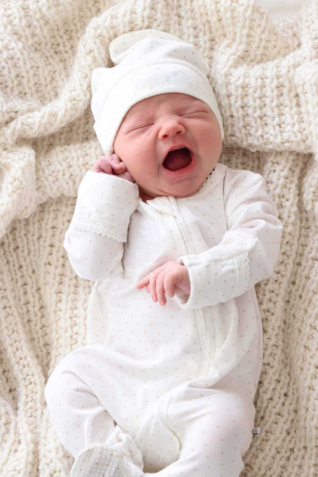 baby styled in taupe picot trim bamboo zipper footie