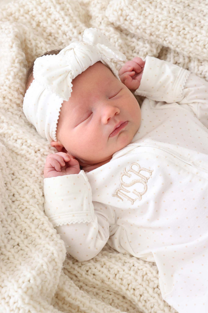baby in taupe picot trim knit large bow headwrap outfit