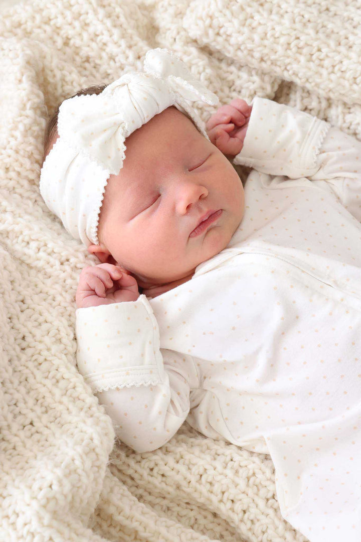 baby in taupe picot trim knit large bow headwrap outfit