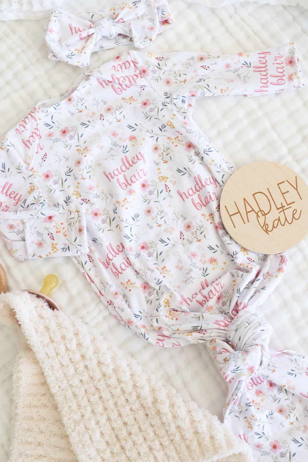 winnie's wildflowers personalized knot gown for baby girls 