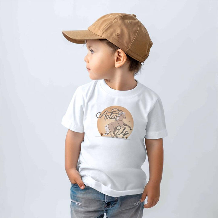 kids white tee with actin' up horse graphic - caden lane