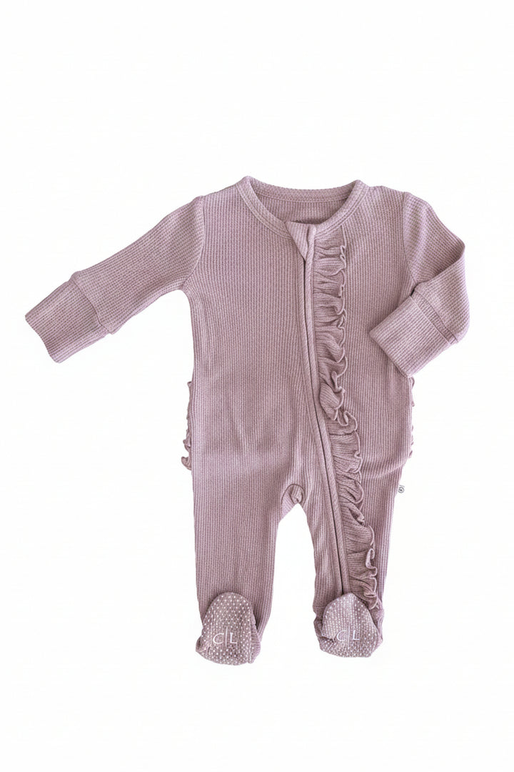 dusty purple bamboo waffle zipper ruffle footie for baby girls 