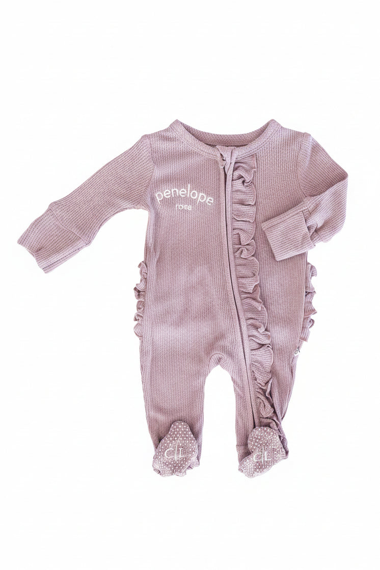 purple bamboo waffle zipper ruffle footie for girls 