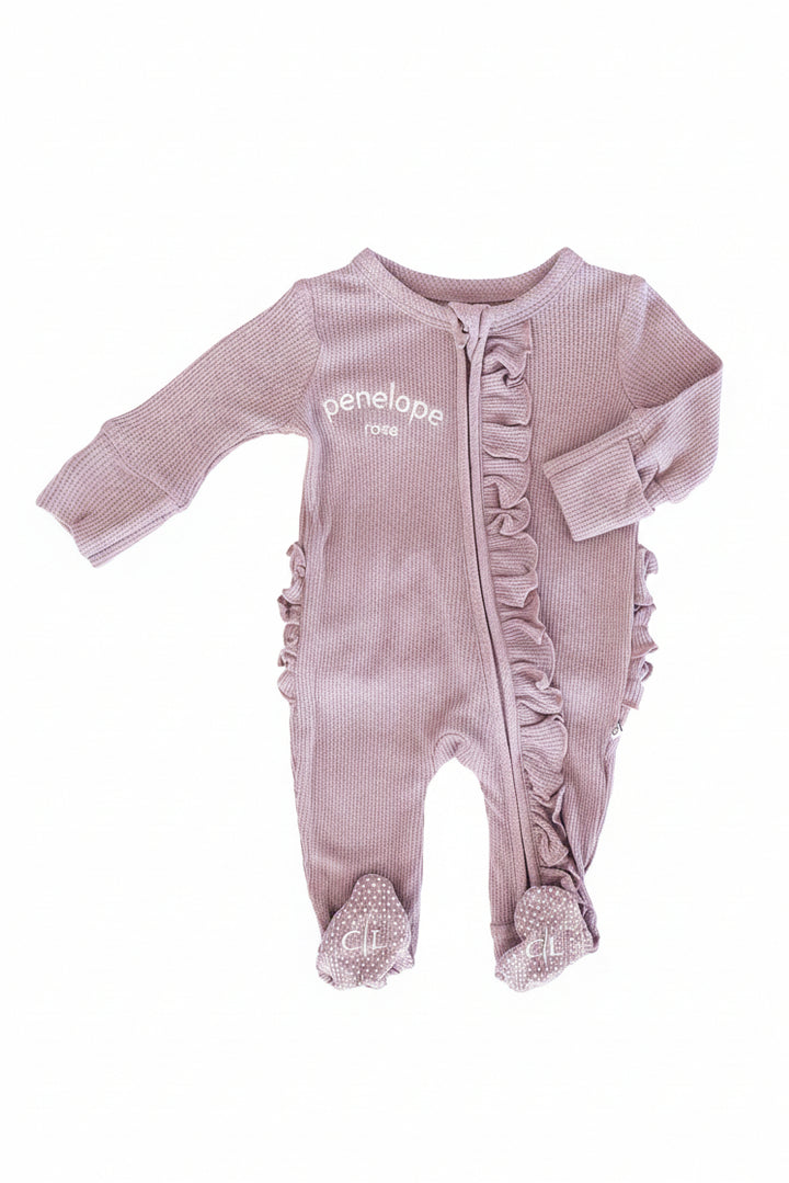 purple bamboo waffle zipper ruffle footie for girls 