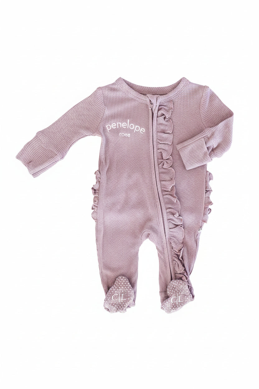 amethyst embroidered ruffle zipper footies for babies 