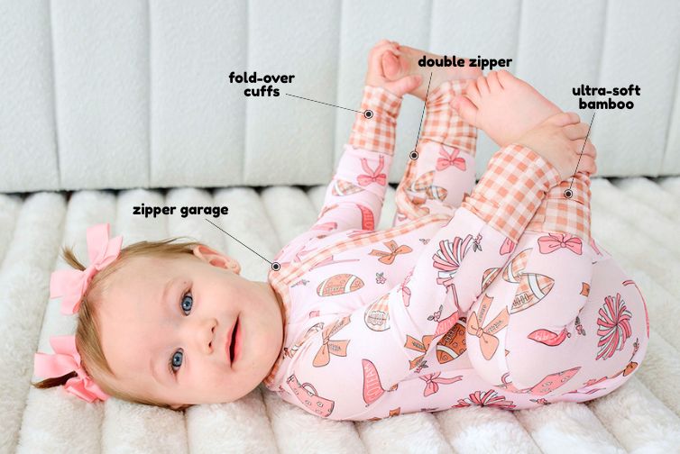 Annotated romper: double zipper, fold-over cuffs, fabric, zipper garage