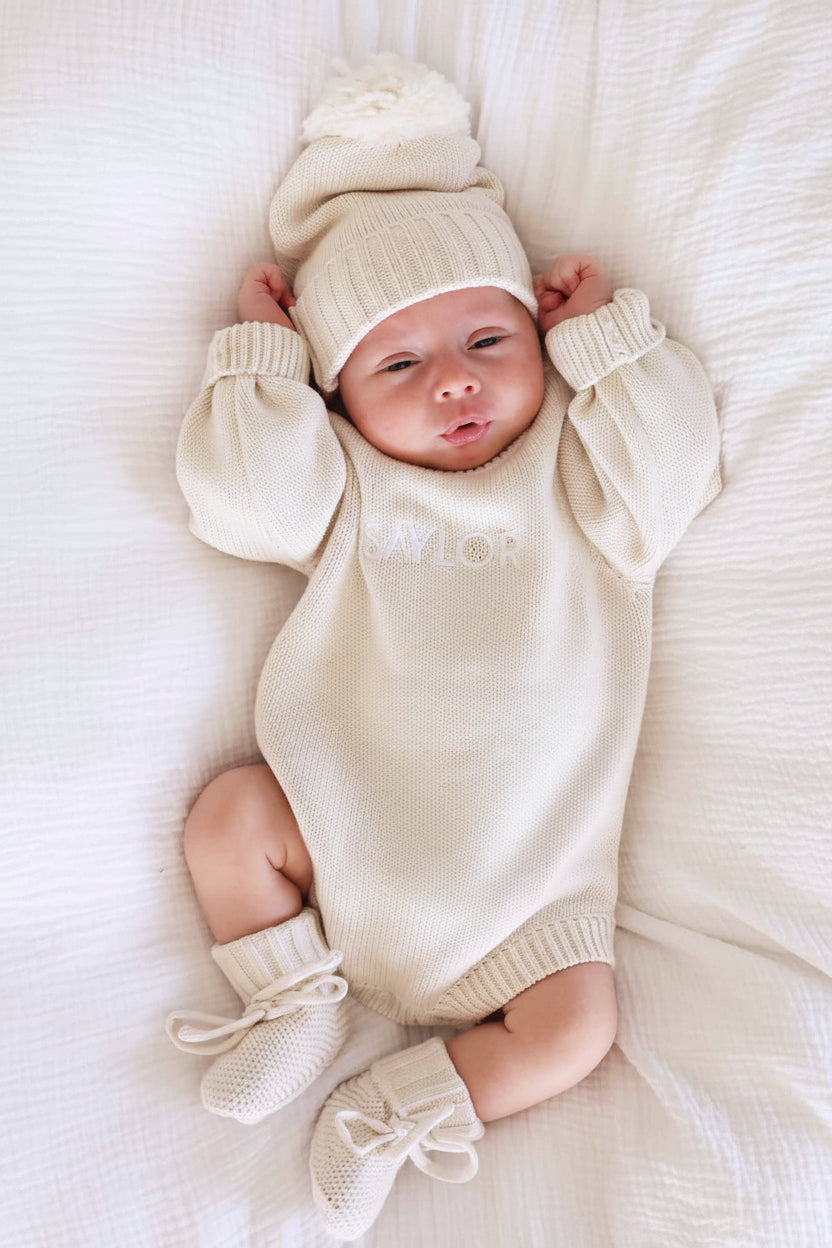 Embroidered Knit Sweater Bubble Romper | Ash