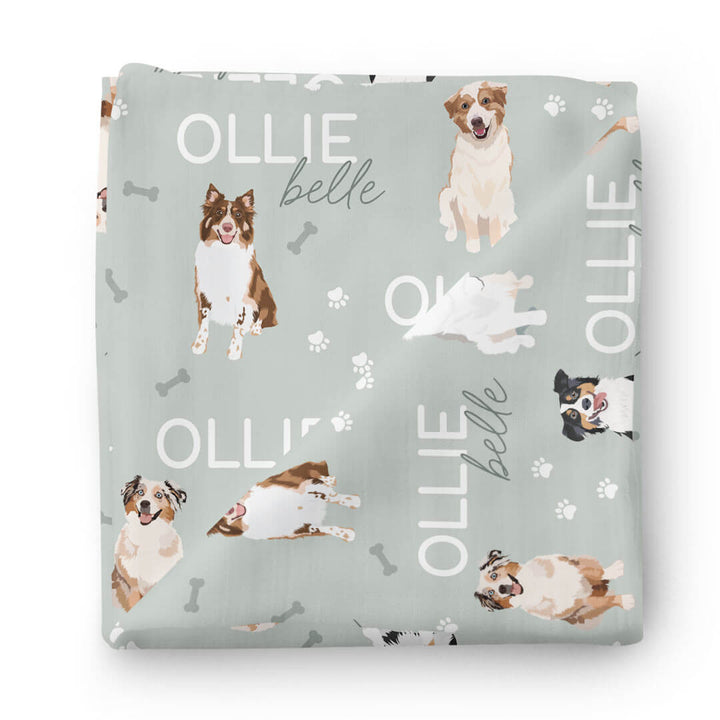 sage green australian shepherd personanlized swaddle blanket 