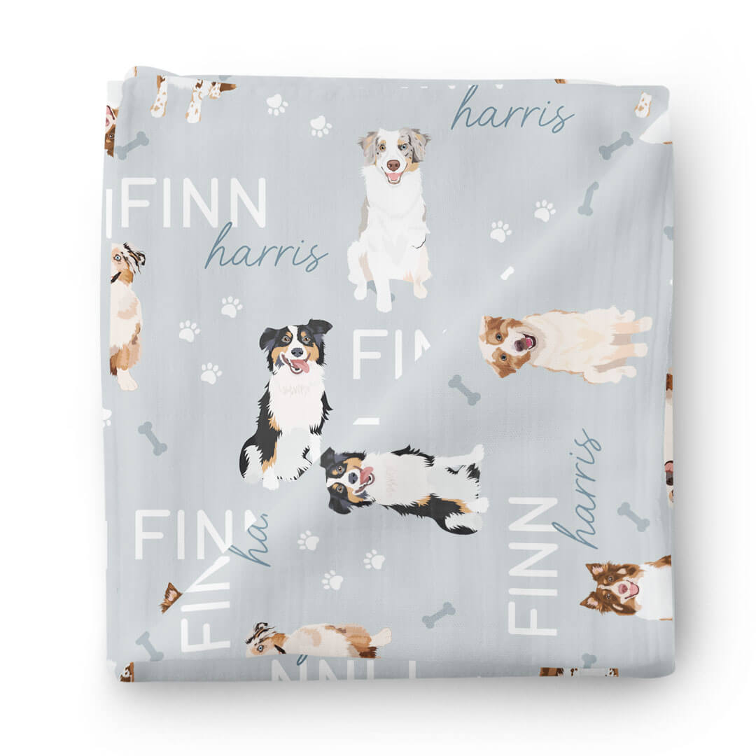 personalized australian shepherd swaddle blanket