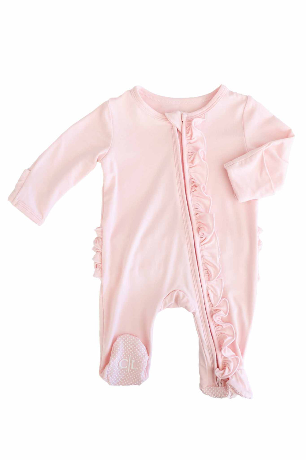 long sleeve baby pink bamboo ruffle zipper footie for girls 