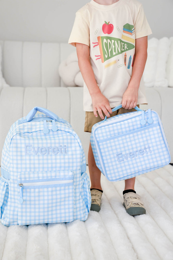 embroidered blue gingham backpack and lunchbox for boys with a personalized back to school tee