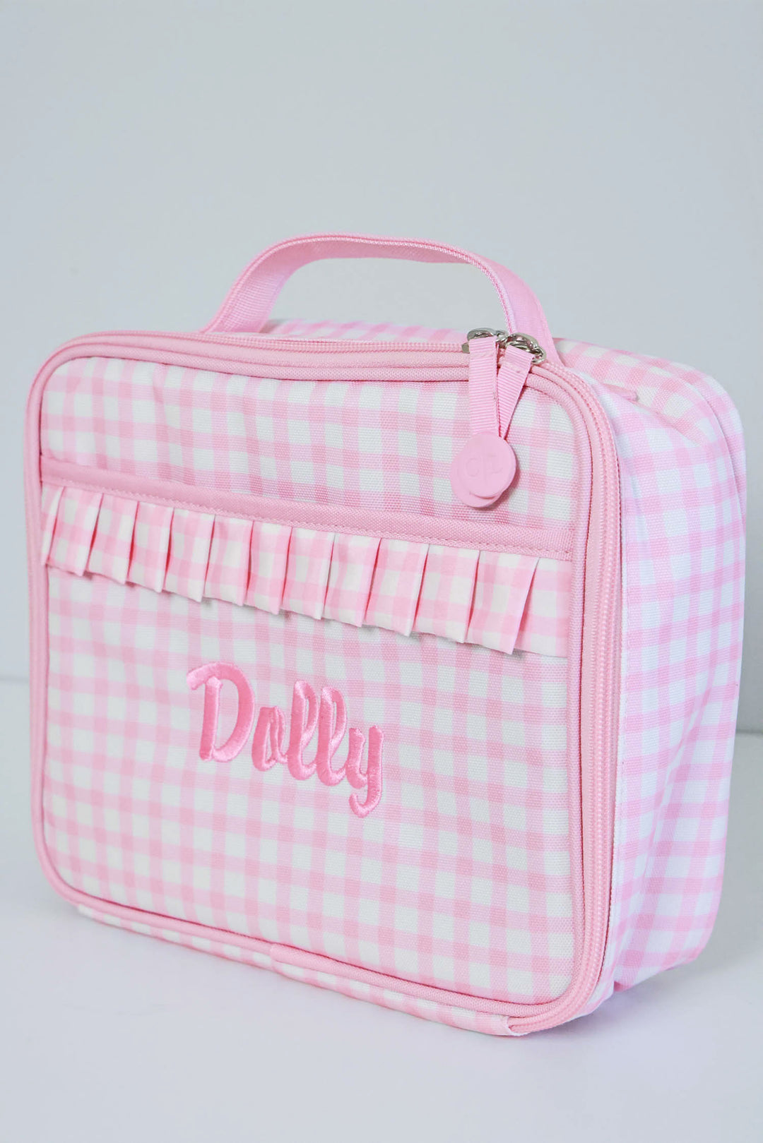 side view of embroidered pink gingham lunchbox for girls 