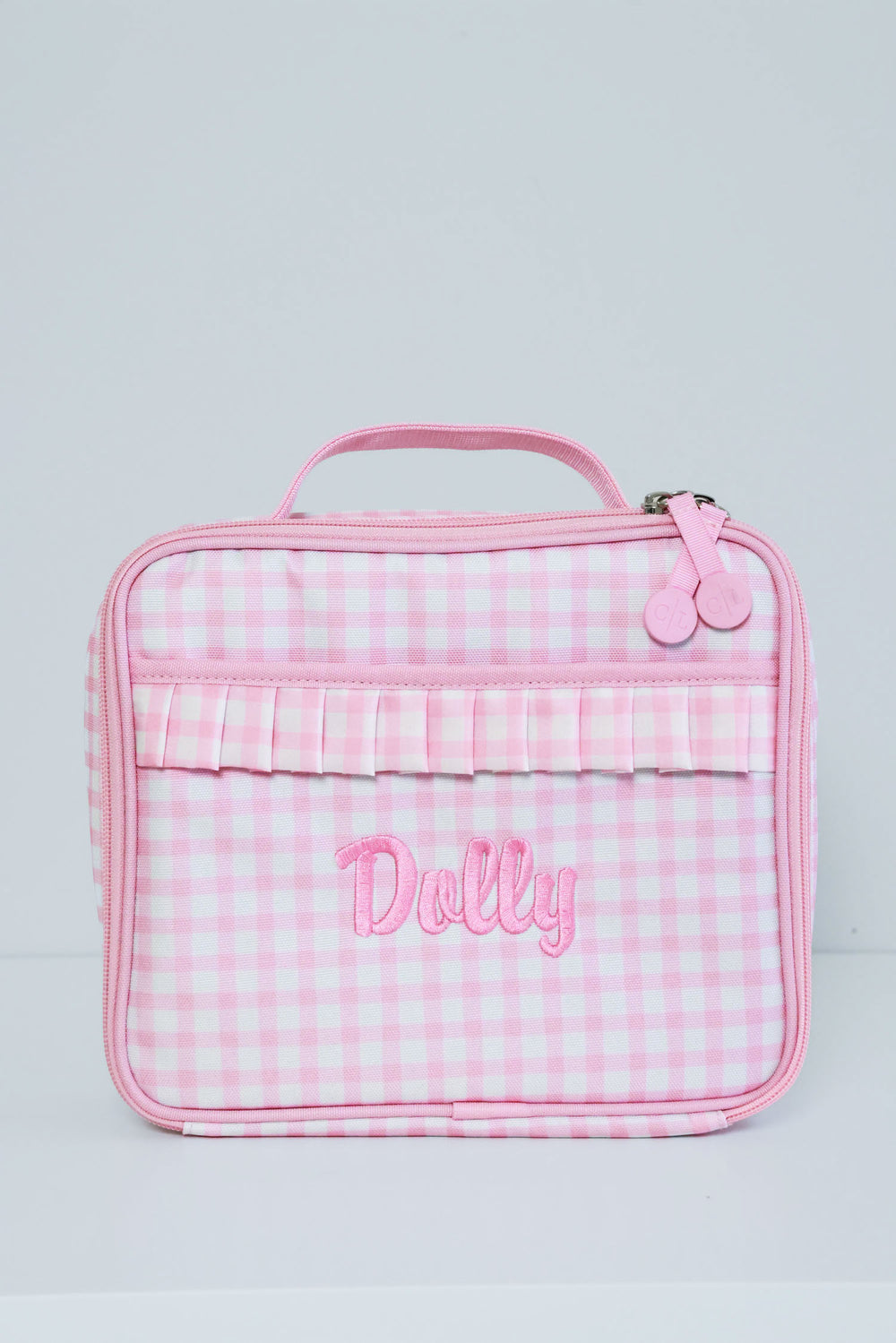 pink gingham embroidered lunchbox for girls 