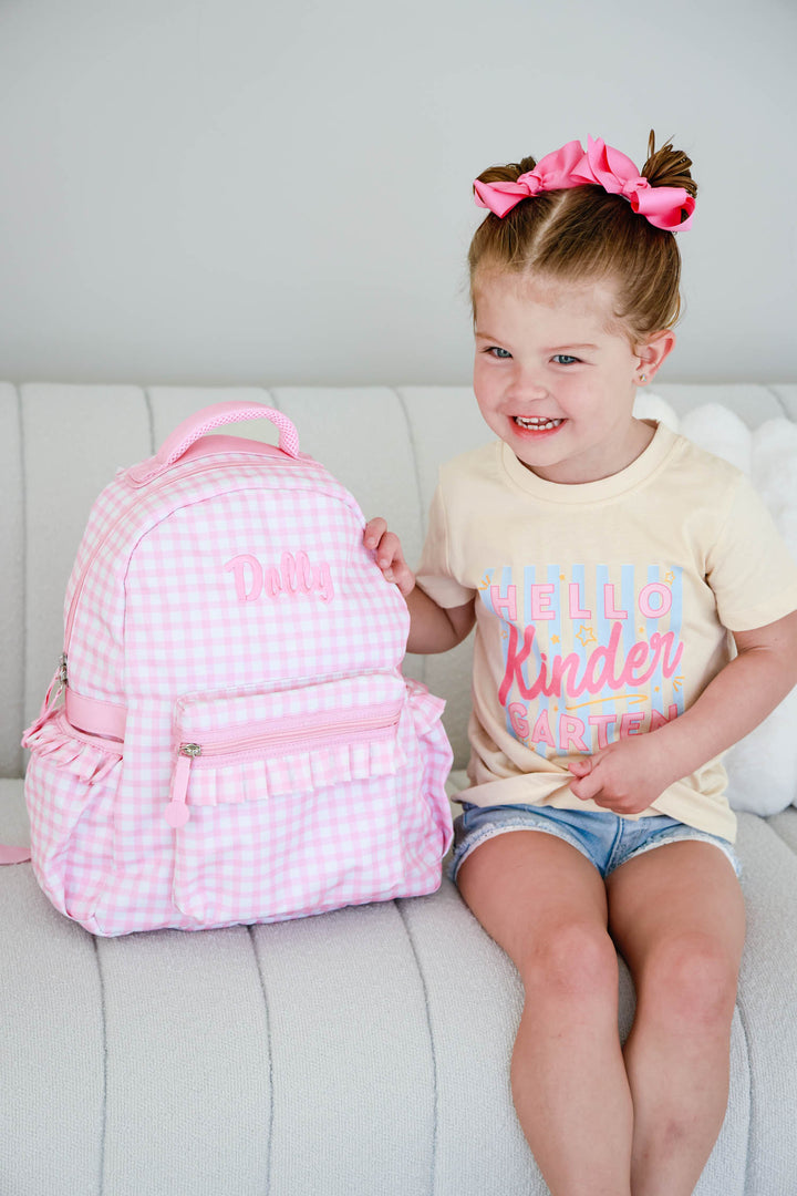 back to school pink gingham embroidered backpack 