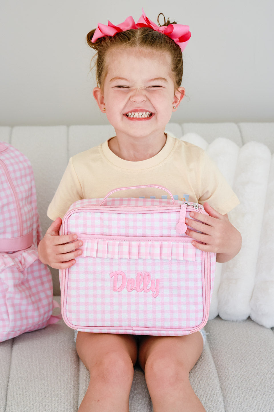 Kids Embroidered Ruffle Lunchbox | Pink Gingham