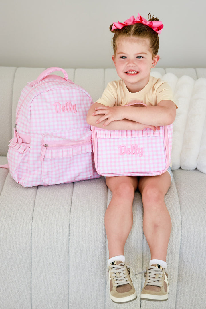 pink gingham embroidered backpack and lunchbox for girls 