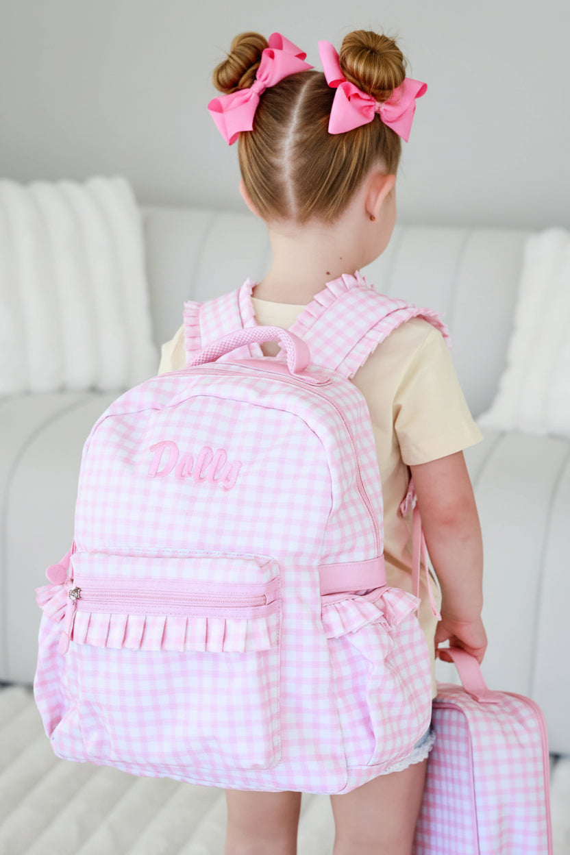 embroidered pink gingham back pack for girls