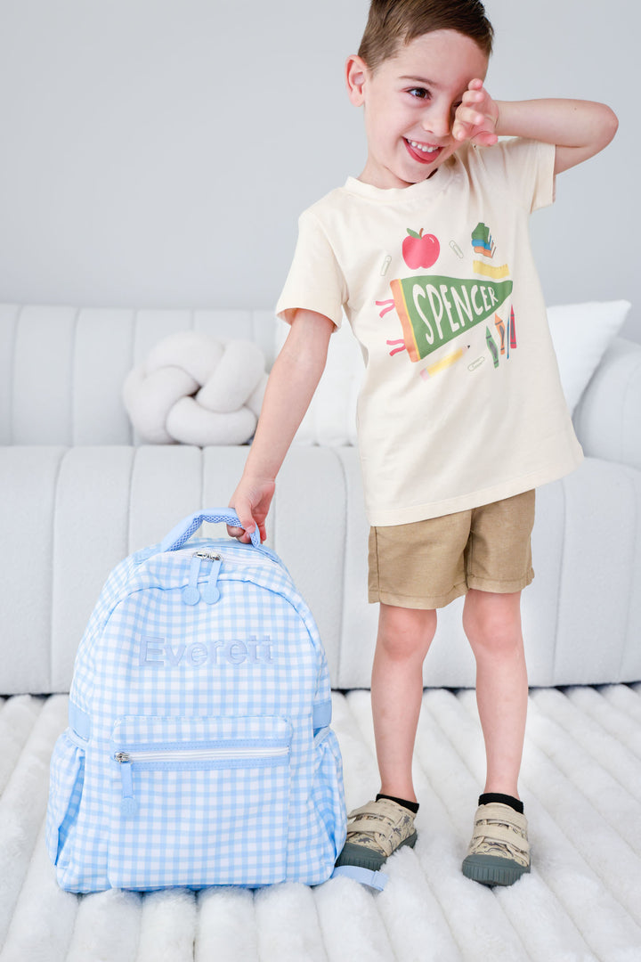 blue gingham embroidered backpack