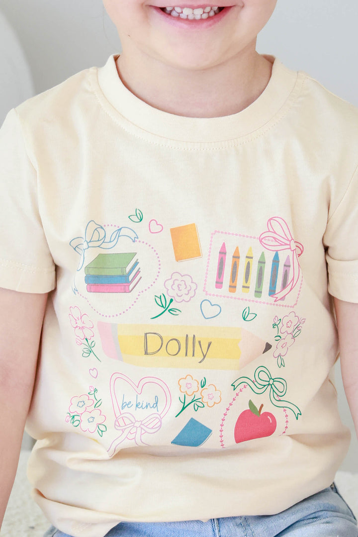 closeup of girly back to school t-shirt personalized with name 