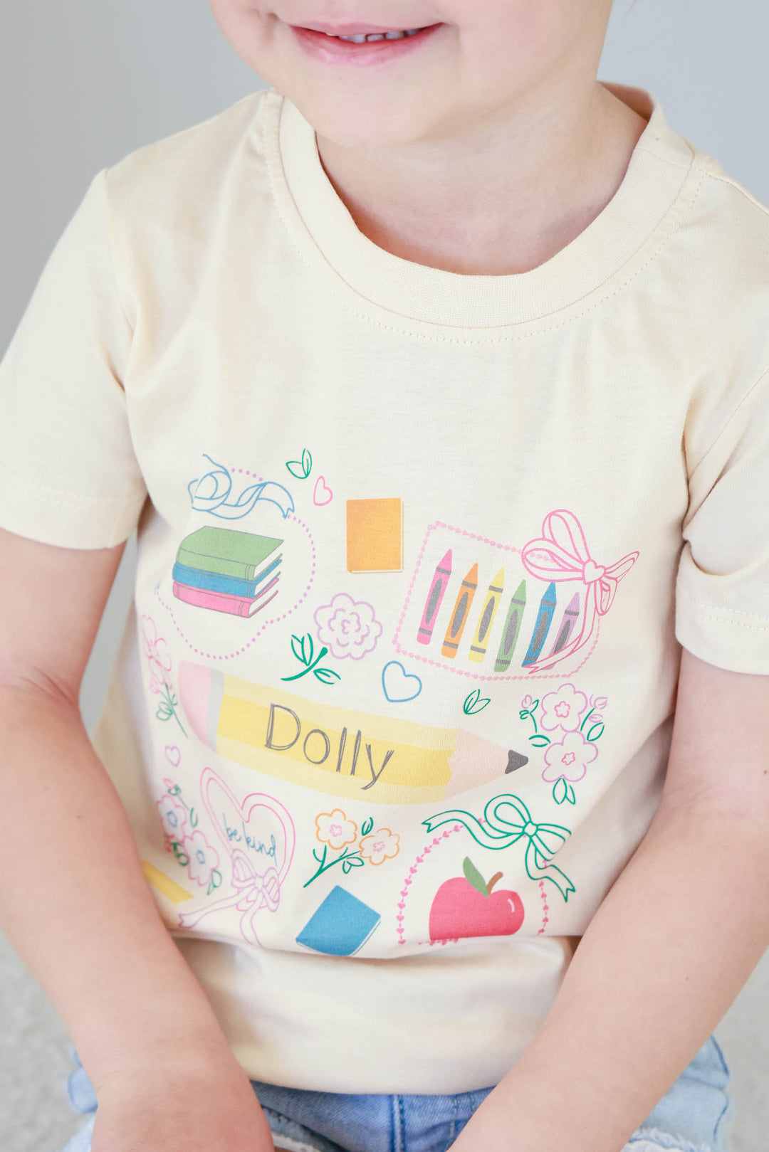 pencil, crayon, apple and more personalized back to school tee for girls