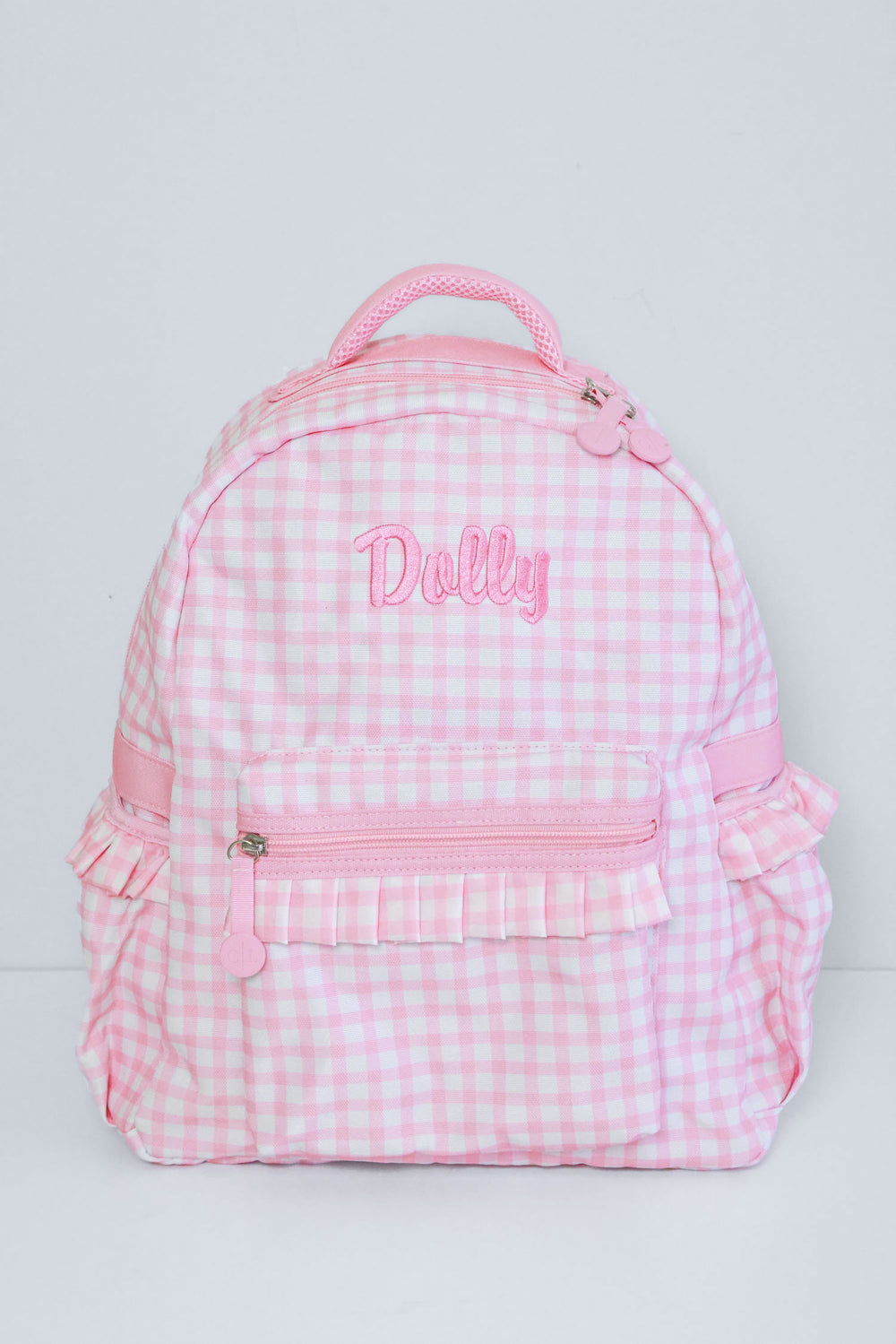 embroidered pink gingham backpack for girls 